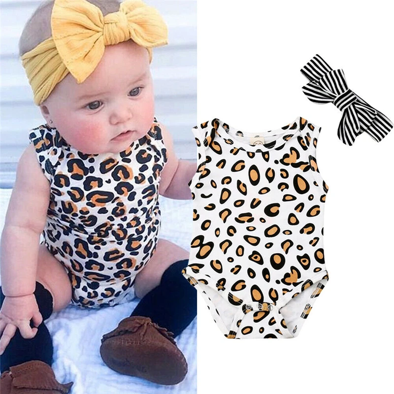 Летняя одежда для малышей 2 предмета, хлопковый комбинезон для новорожденных мальчиков и девочек, комбинезон с леопардовым принтом, комплект одежды+ повязка на голову для детей 0-12 месяцев