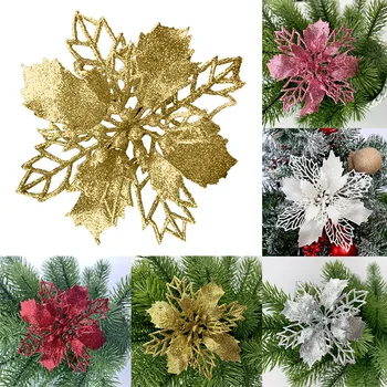 

10 Pcs Christmas Poinsettia Glitter Flower Hollow Tree Hanging Decoration for Home Party VJ-Drop