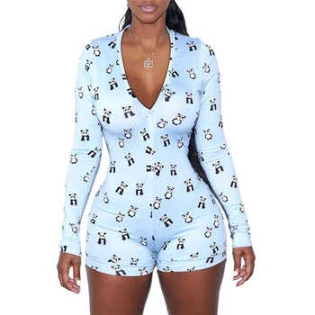 

Sexy Women V-Neck Skull Panda Print Pajama Romper Bodycon Sleepwear Jumpsuit Button Shorts Romper Long Sleeve Bodysuit Plus Size