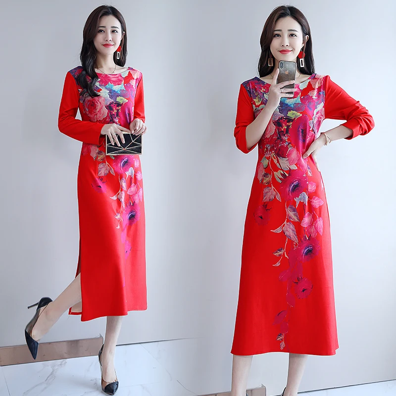 Женское винтажное платье с длинным рукавом красное цветочным принтом весна