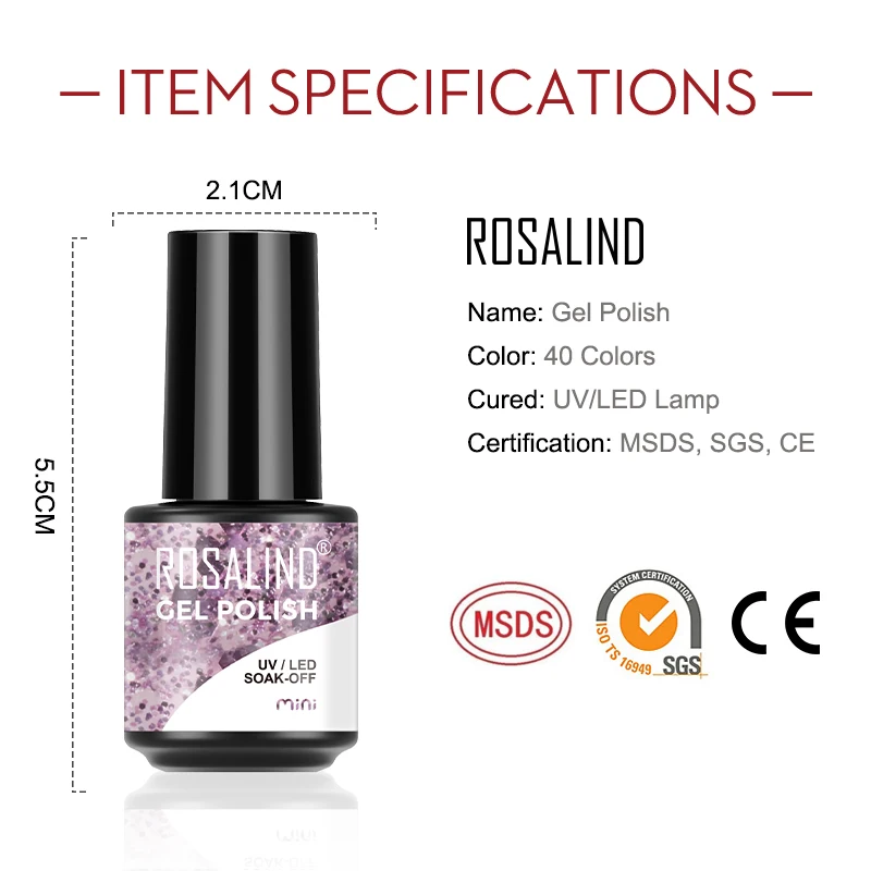 ROSALIND 7ml Gel Polish Semi Permanent Nails Gel Polish Soak Off UV LED Base Top Coat Vernis Nail Art Glitter Gel Varnish