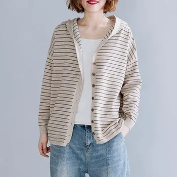 

Women Autumn Casual Sweater Coats New 2020 Simple Style Vintage Striped Single Breasted Ladies Hooded Knitted Cardigans S1867
