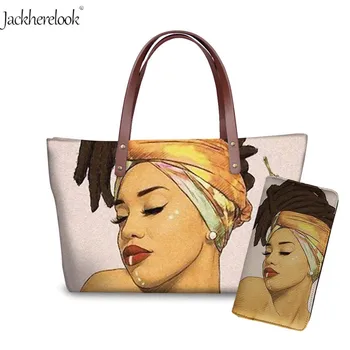 

2Pcs/Set Women's Purse&Handbags Luxury Design Black Art African Girls Top-Handle Bags Ladies Shoulder Bag Women Summer Beach Bag