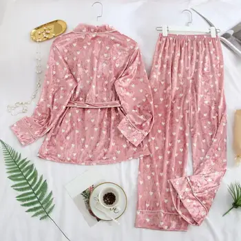 

2019 Autumn Women Pajamas Sets Turn-Down Collar Gold Velvet Two Piece Sleepwear Female Polka Dot Belt Loungewear Suits