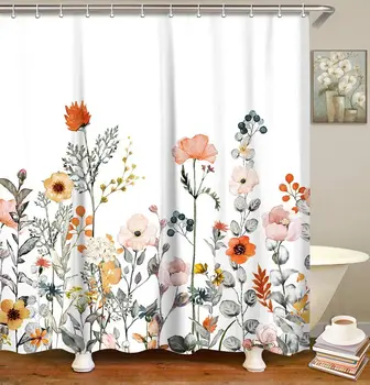 

Multicolor Plant Flowers Leaf Modern Watercolor Washable Waterproof Polyester Fabric Shower Curtain Set