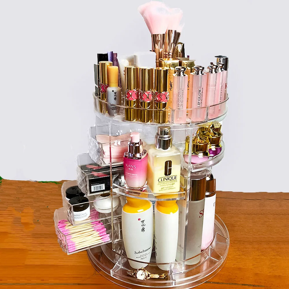 NEW 360-degree Rotating Drawer Makeup Storage Box Brush Holder Jewelry Organizer Case Transparent Acrylic Cosmetic Organizer Box