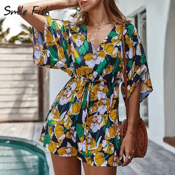 

Holiday Beach V-Neck Buttons Floral Printed Female Rompers Boho Loose Lace Up Playsuits 2020 Summer Girls Cotton Jumpsuits G1300