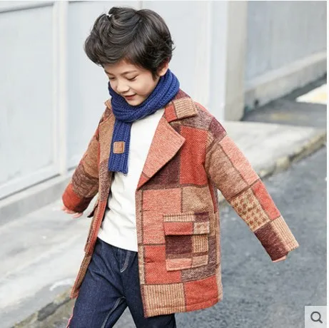 Британский стиль мальчиков Повседневное клетчатое шерстяное пальто Верхняя одежда Весна-осень Новые детские пальто в стиле «гусиная лапка» Пальто-кардиган P148 - Цвет: Оранжевый