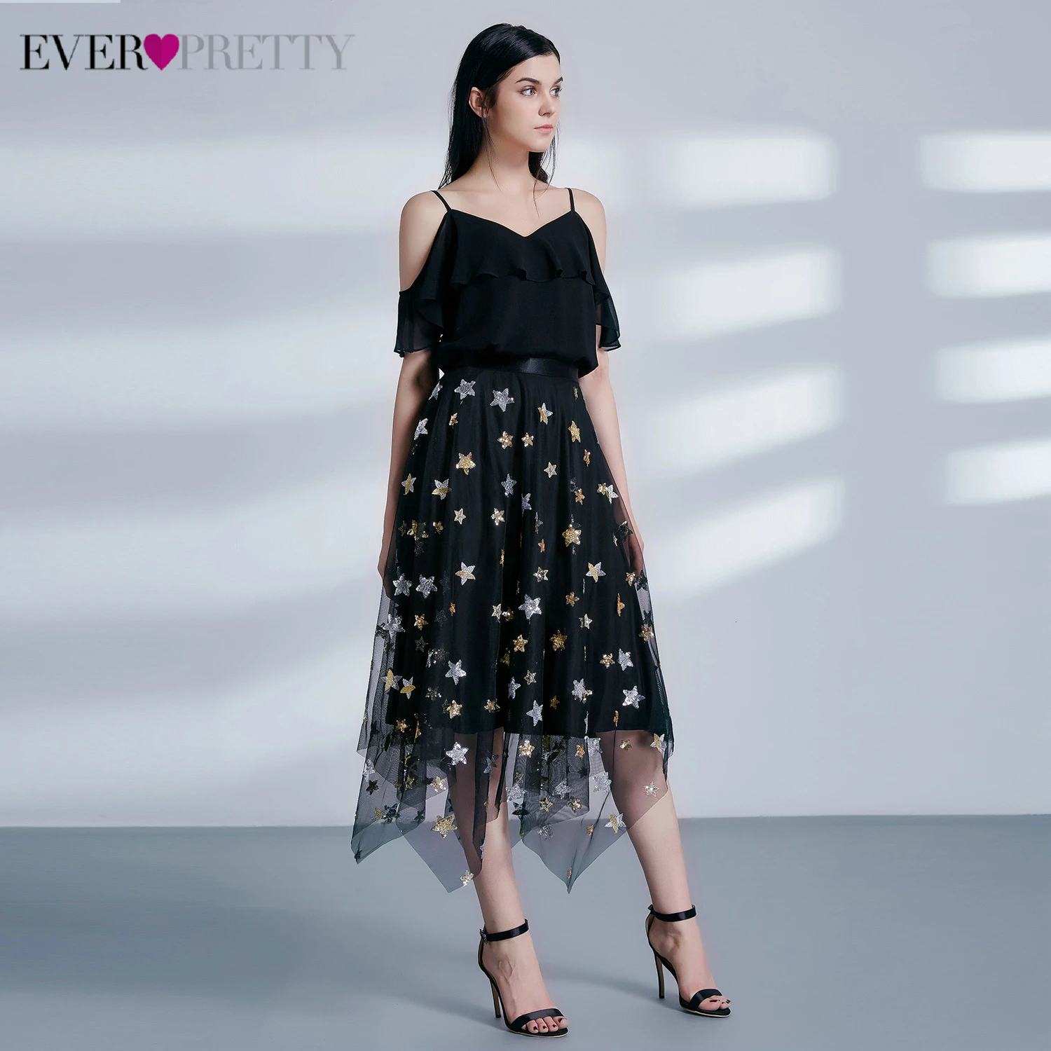 Блестящие черные платья для выпускного вечера Ever Pretty AS04086BK асимметричное шифоновое выпускное платье с вышивкой в виде звезд Vestido Curto