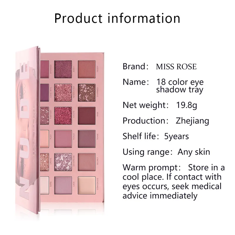 Miss Rose тени для век Pallete 18 цветов красочный мерцающий матовый перламутровый телесный водонепроницаемый профессиональный Палитра теней для век тени для век