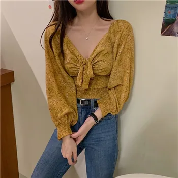 

Sweet Floral Print Women Blouses Lantern Long Sleeve Vintage Top Clothing Deep V-neck Front Bow Top Fit Women Chiffon Women Top