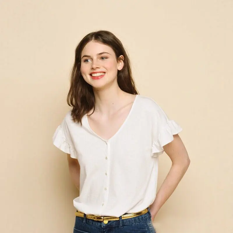 

Women T-shirt 2019 Summer French Casual Wind Care Machine Sweet Lotus Leaf Sleeve Linen V-neck Loose T-Shirt Tops Girl