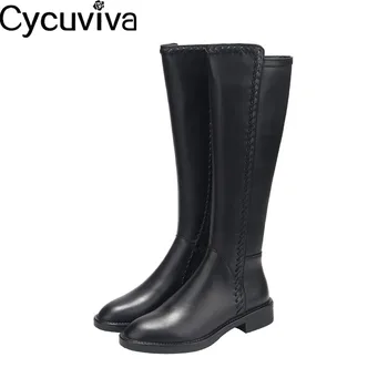 

Cozy Low Heel Knee high Boots Women High Quality Leather Cowboy Jean Shoes Woman Classic Round Toe Knight Boots Zapatos de Mujer