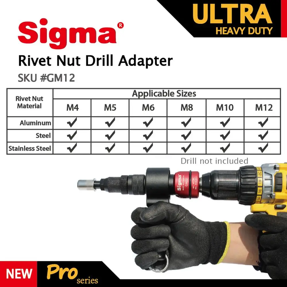 Sigma #GM12 ULTRA HEAVY DUTY Rivet Nut Drill Adapter Cordless or Electric power tool accessory alternative air rivet nut gun