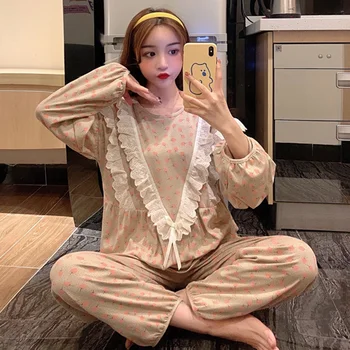 

Ladies Spring Autumn Floral Home Clothes Bow Sweet Shivering Print Sleepwear Set Loose Cute Thin Korean Pajama 2pcs Fresh S813