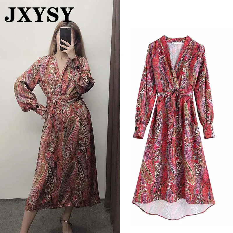 

JXYSY autumn dress women vestidos england elegant Paisley priinting sashes bow party vestidos de fiesta de noche maxi dress