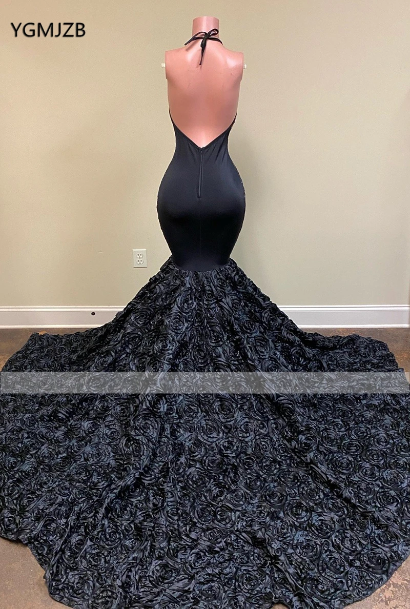 Black Sparkly Sequin African Girl Long Prom Dresses 2020 Halter 3D Flowers Train Mermaid Formal Party Evening Gown Vestidos navy blue prom dresses