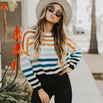 

DeRuiLaDy Fall Winter New Striped Sweater Women Knitted Crew Neck Long Sleeve Red Sweaters Fashion Casual Slim Womens Pullovers