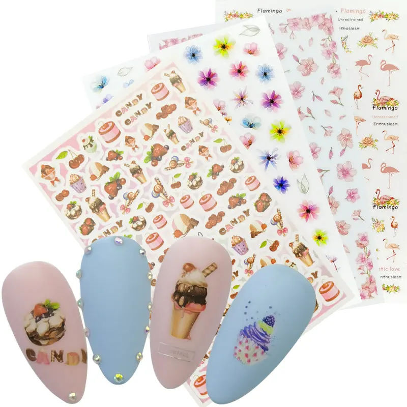 

1pcs 3D Super Thin Dessert Nail Stickers Tips Nail Art Adhesive Decals Flower Flamingo Design Nail Wraps Manicure