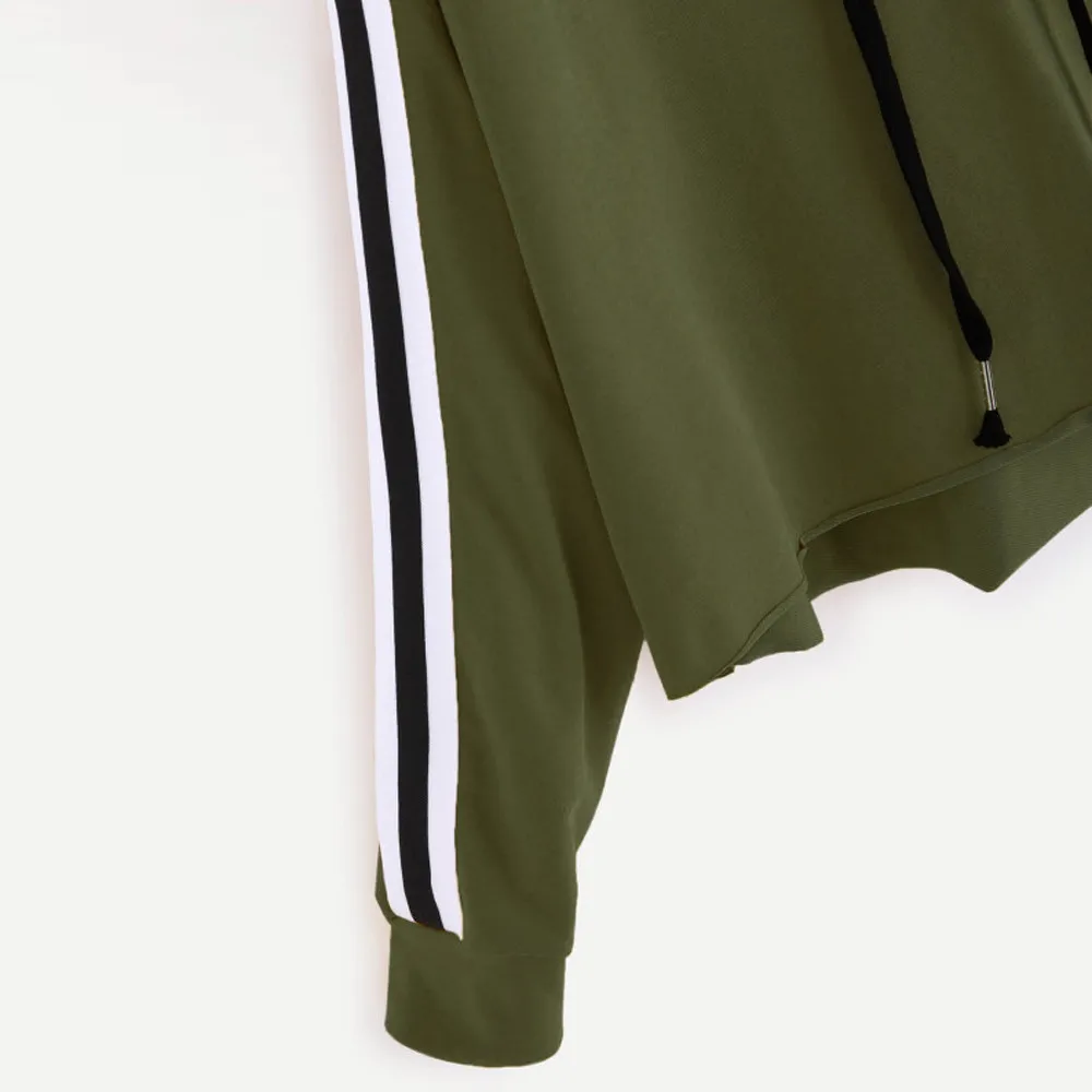 JAYCOSIN Fashion Women Striped Long Sleeve Loose Sweatshirt Casual Solid Simple Chic Solid Color Hooded Pullover Top 