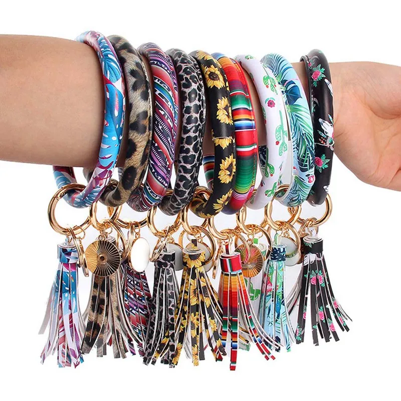 

New PU Leather Round Tassel Bracelet Bangle Keychain DIY Keyring Men Women Keychain For Best Friends Gift