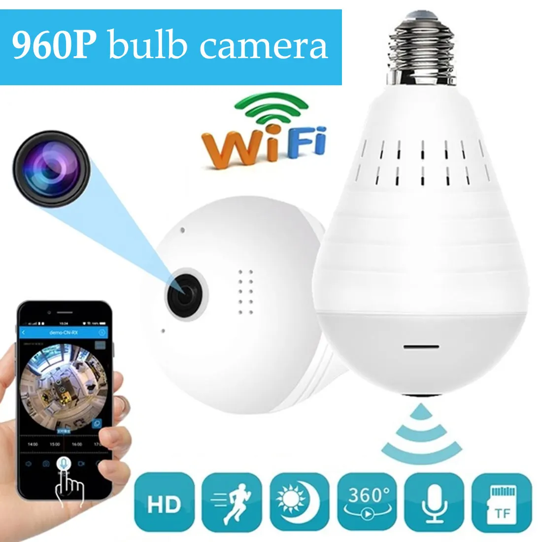 Skup 960P 360 stopni LED Light bezprzewodowy panoramiczny bezpieczeństwo w domu bezpieczeństwo WiFi CCTV Fisheye żarówka lampa kamera IP dwa sposoby Audio