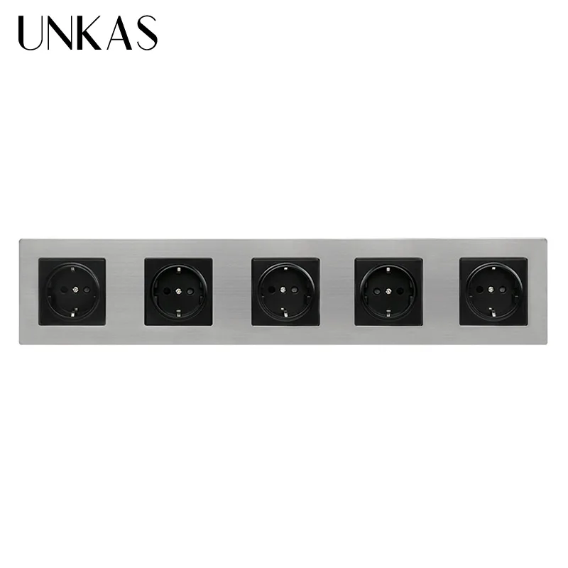 UNKAS Silver Black Child Protective Door Stainless Steel Panel 5 Gang Wall Socket 16A EU Russia Spain Electrical Outlet | Строительство