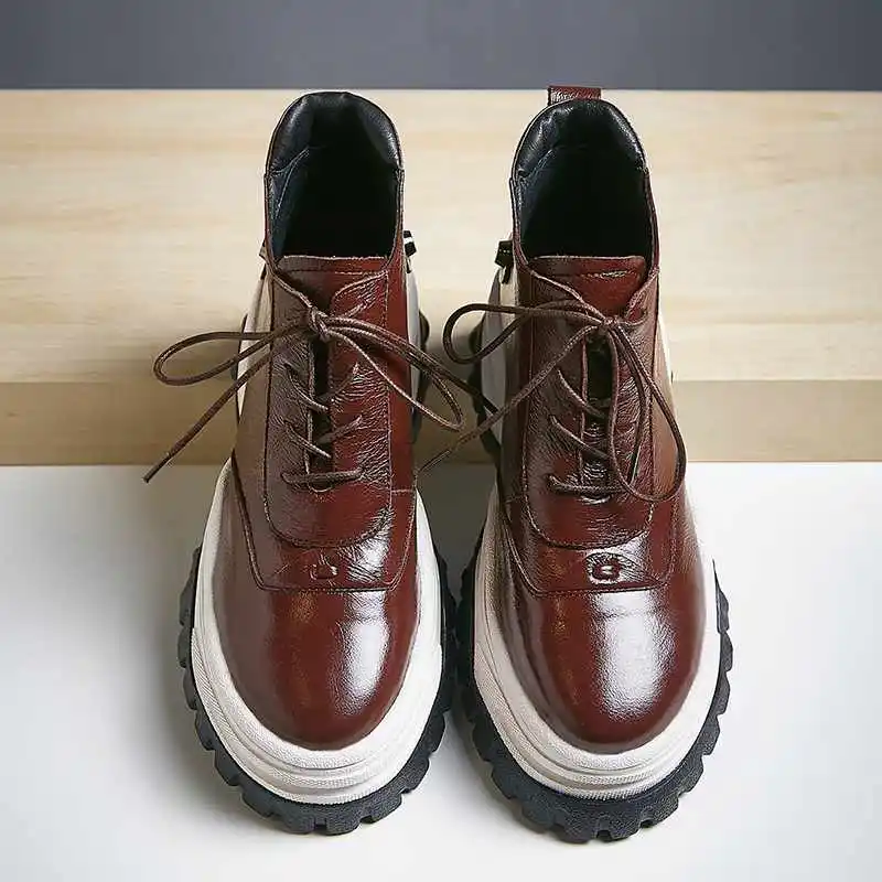 Коричневый Krazing Pot genuine leather round toe platform casual lace up fashion British school thick high bottom vulcanized shoes L92 - Цвет: Коричневый