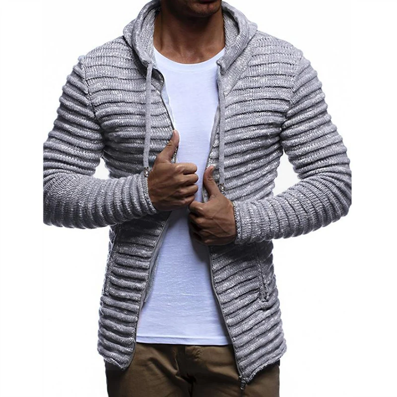 Зимние теплые мужские свитера с капюшоном кардиган на молнии тонкий приталенный