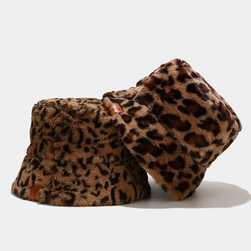 

Autumn Faux Fur Leopard cow womens winter bucket hats Bob Thick Warm lady Girls Japanese Panama Outdoor Travel Fisherman Hat