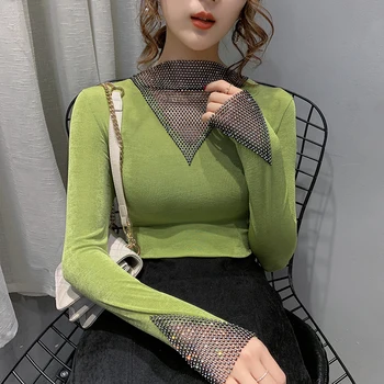 

European Clothes Shiny Tees Mock Neck T-shirt Women 2020 New Spring Patchwork Diamonds Tops Ropa Mujer Bottoming Shirt T02203