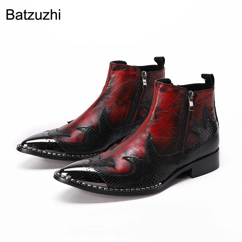 

Batzuzhi New Luxury Handamde Men Boots Shoes Metal Toe Leather Ankle Boots Men Red Black Zip Knight Business/Party/Wedding Botas