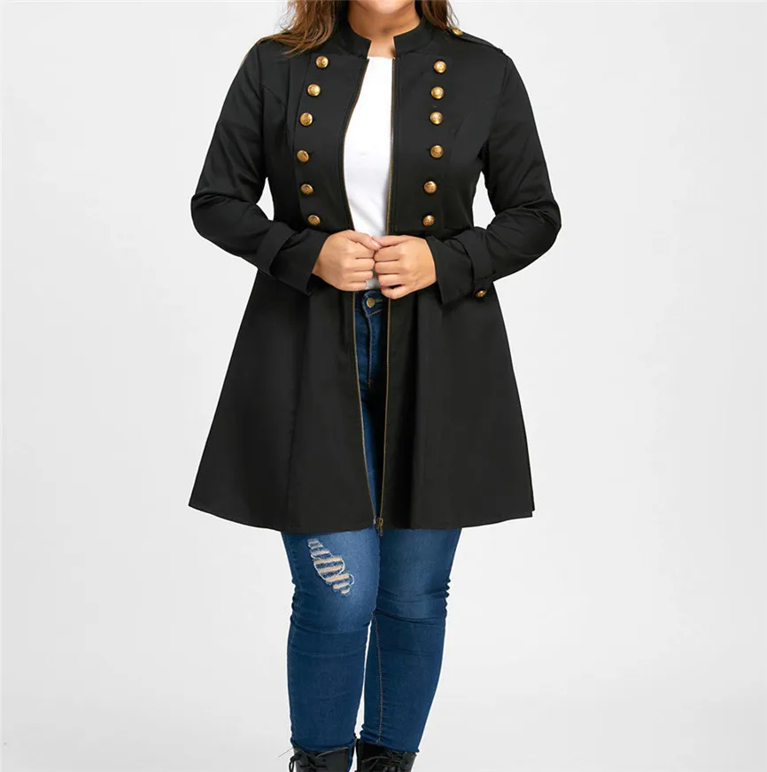 XL-5XL Lady Vintage Longline Swing Coat Plus Size Trench Double Breasted Jacket