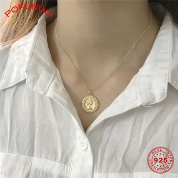 

POFUNUO 925 Sterling Silver Necklace Women Vintage Style Queen Head Sculpture Coin Pendant Necklace Girls 925 Fine Jewelry Gifts