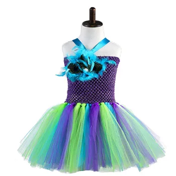 

2019 Girl Birthday Feather Peacock Tutu Dress Elegant Toddler Girls Wedding Bridesmaid Party Dresses Holidays Costume For Kids