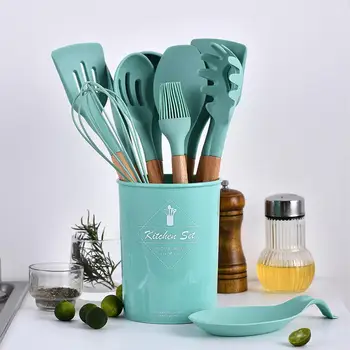 

12 Pcs Of Kitchen Utensils Set Silicone Wood Non Stick Baking Tray Cooking High Temperature Resistant Kitchen Utensils
