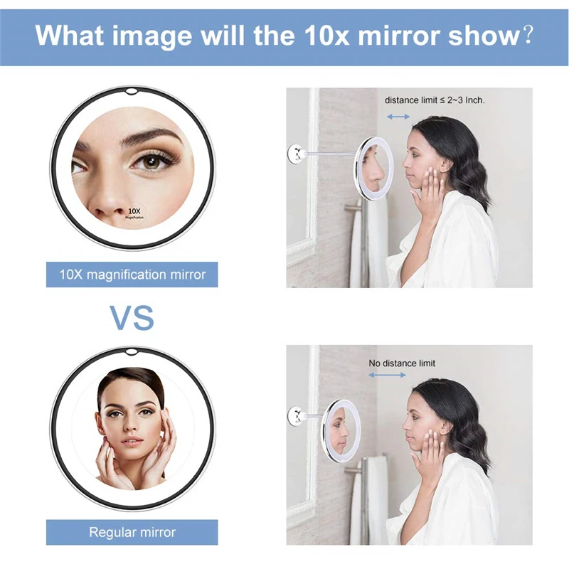 360 degree Flexible glow Makeup Mirror Lamp 10x Magnifying vanity Shaving Mirror with LED light for bathroom bedroom