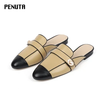 

2020 PENUTA Slipper Women Shoes Genuine Leather Luxury Designer Mules Shoes Match Color Pantofle Damskie Classic White T0007