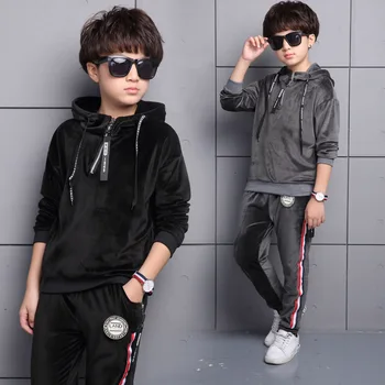 

Children's clothing 2018 New Children's suits Youth Hooded sweater Two-piece kids boy sportswear Set Gray Black 4-14ages