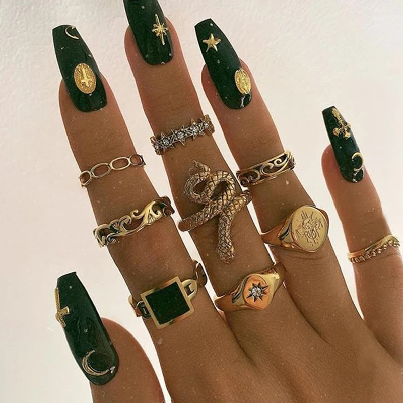 Finger-Joint Rings-Set Female Jewelry Gold-Ring Square Geometric Crystal Oval Snake Boho