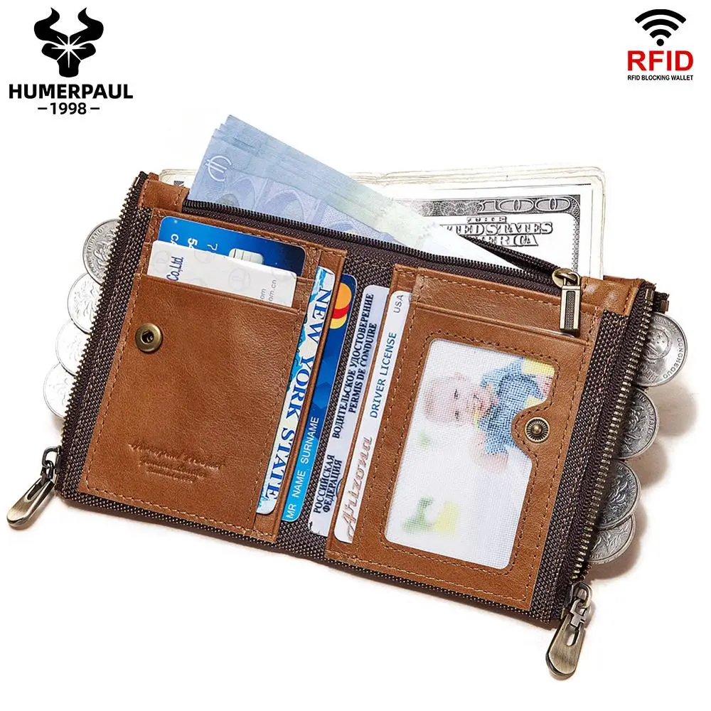 HUMERPAUL Men's Wallet New RFID Anti-Magnetic Wallet Real Cowhide Men's Multi-Function Double Zipper Coin Purse