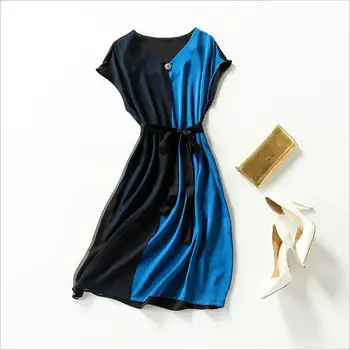 

European and American women's wear 2020 summer new style Sleeveless V neck contrast color lace-up Fashion silk dress