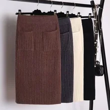 Трикотажная юбка в рубчик, элегантная юбка-карандаш миди, высокая талия, эластичная лента, женская зимняя Толстая теплая плиссированная юбка с разрезом
