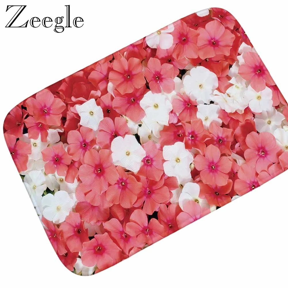 Zeegle 3D Floral Printed Doormat Non-slip Kitchen Carpet Flannel Home Decoration Floor Mat Water Absorption Bath Rug