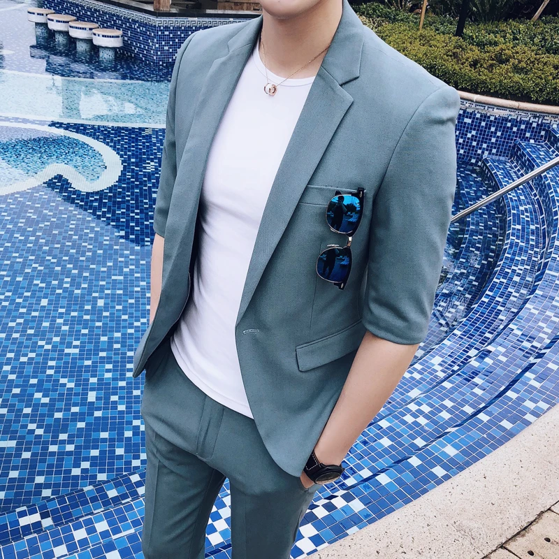 

2019 New Men's Fashion Wedding Suit Casual Social Ball Groom Tuxedo Suit Suit Set of 2 Men's Half Sleeves Slim British Wind