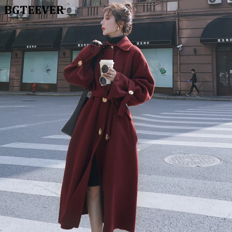 BGTEEVER 2019 красное зимнее длинное пальто элегантное пояс негабаритное женское