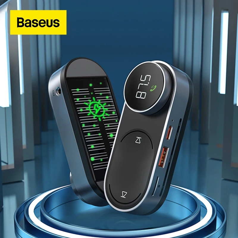 Baseus Solar Car FM Transmitter Modulator Bluetooth 5.0 Wireless MP3 Player USB Car Charger AUX