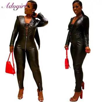 

Women PU Leather Zipper Up Long Sleeve Bandage Bodycon Jumpsuit Women Sexy Hollow Out Night Party Rompers Outfit Street Overalls