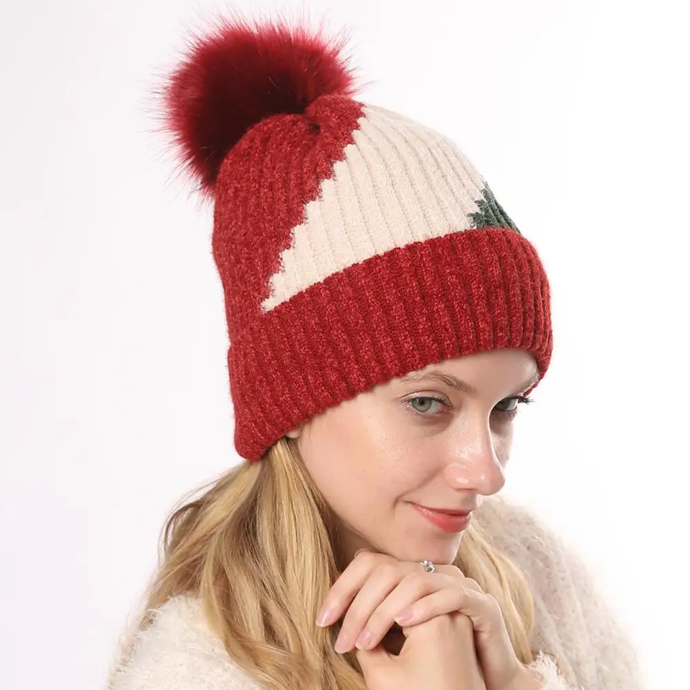 

New Autumn Winter gentle lady cotton simple cute 3-color patchwork crimped warm earflaps knitted hat soft wool ball beanie hats