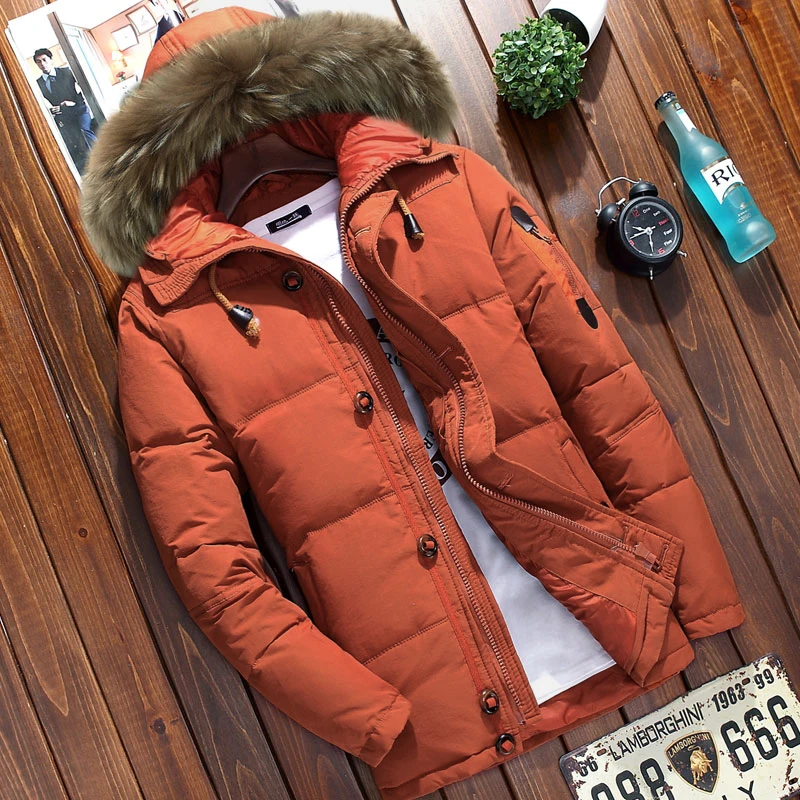 Новая зимняя мужская куртка с меховым воротником, пуховик на белом утином пуху, Толстая Теплая Повседневная куртка с капюшоном, Высококачественная ветрозащитная однотонная верхняя одежда - Color: orange
